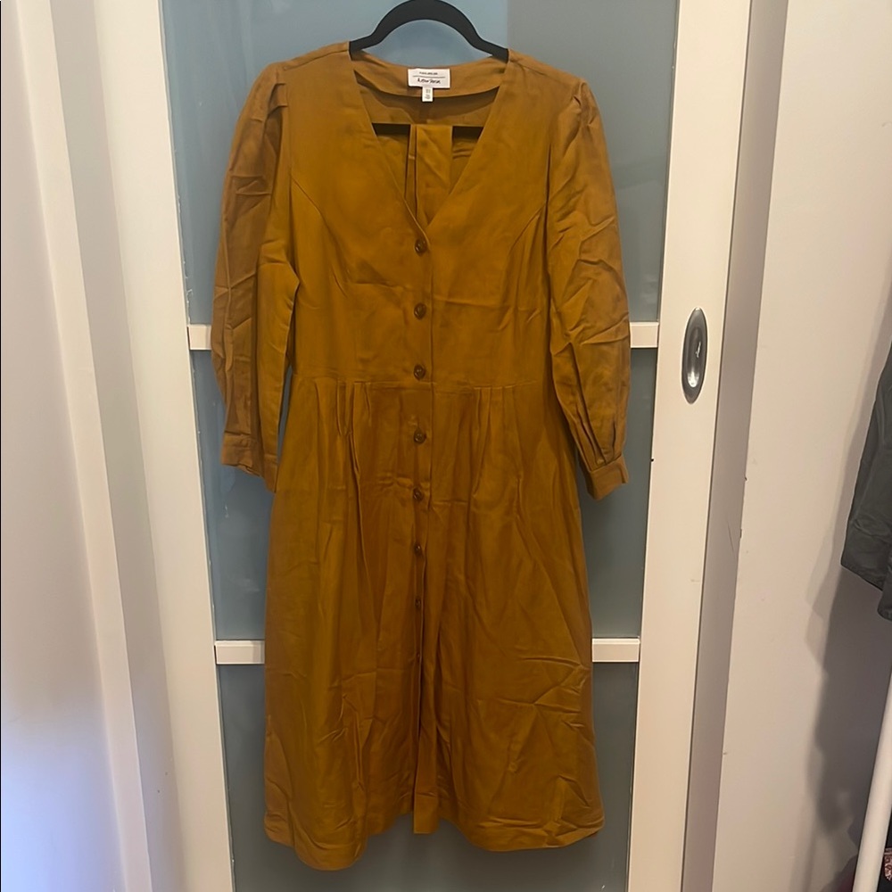 & Other Stories Mustard Brown Buttoned Long Sleeve Linen Dress, 10